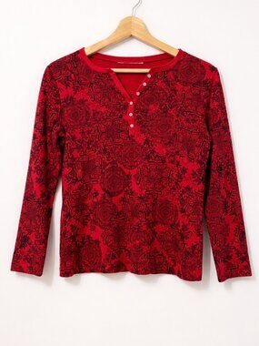Y2K Printed Mandala Red and Black Henley Shirt V-neck Whimsigoth Goth Vamp Boho